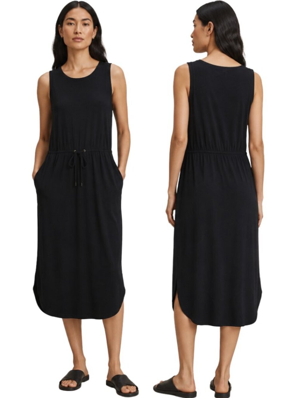 Eileen Fisher Fine Tencel Jersey Dress Womens Medium Black Minimalist Chic NWOT